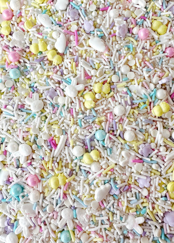 Pastel coloured Easter Themed Sprinkles including duck shaped, round and bunny shaped