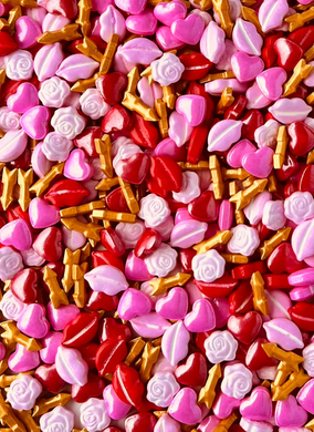 ROMANTIC SHAPED SPRINKLES INCLUDING LIPS ARROWS ROSES AND HEARTS. GOLD RED LIGHT PINK AND PINK.
